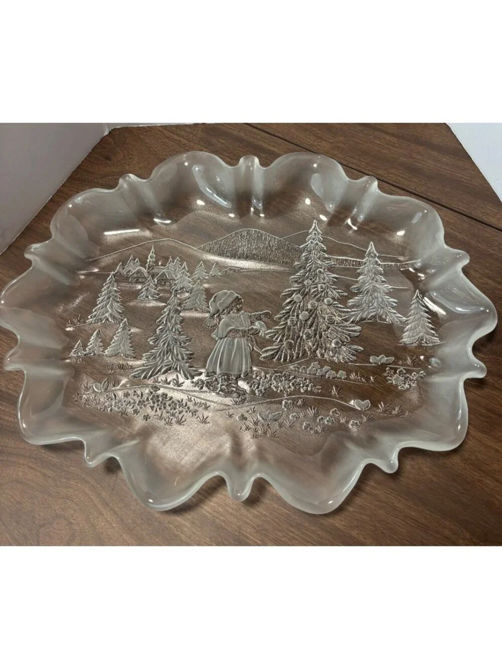 Vintage 90s Frosted Etched Glass Ruffled Canape Tray Woodland Girl Christmas
